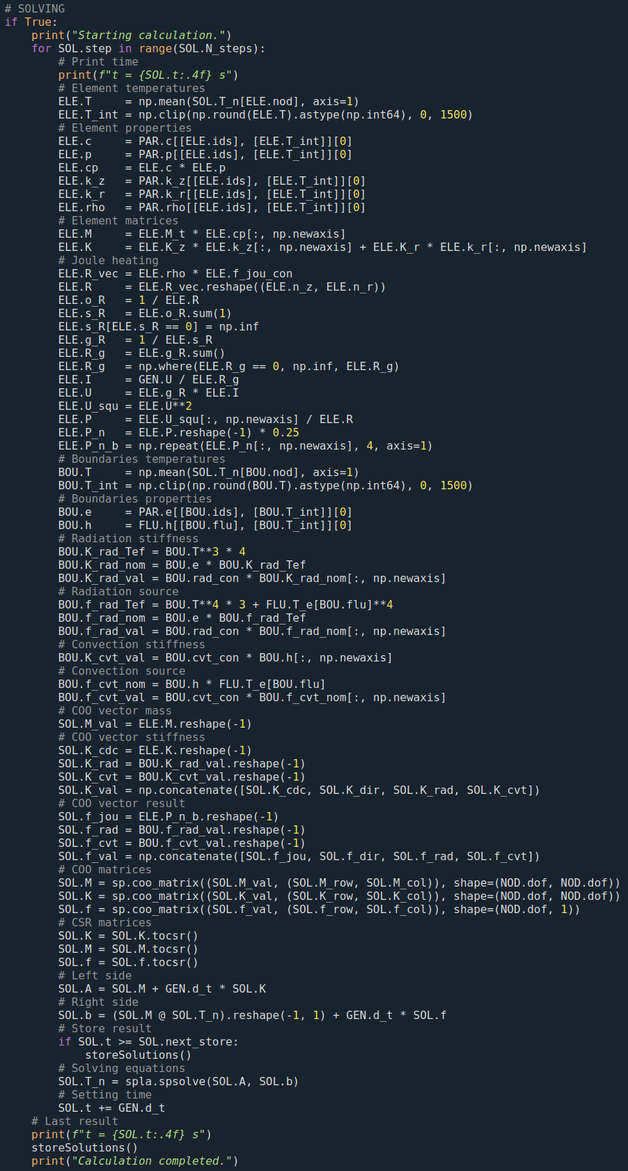 Python-Codeausschnitt der eigentlichen Solver-Routine eines selbstgeschriebenen Programms zur thermischen FEM-Analyse. Freiberufliche Entwicklungsdienstleistungen inklusive Programmierung von In-House entwickelten Tools in Salzburg und DACH-Region vor Ort und remote.