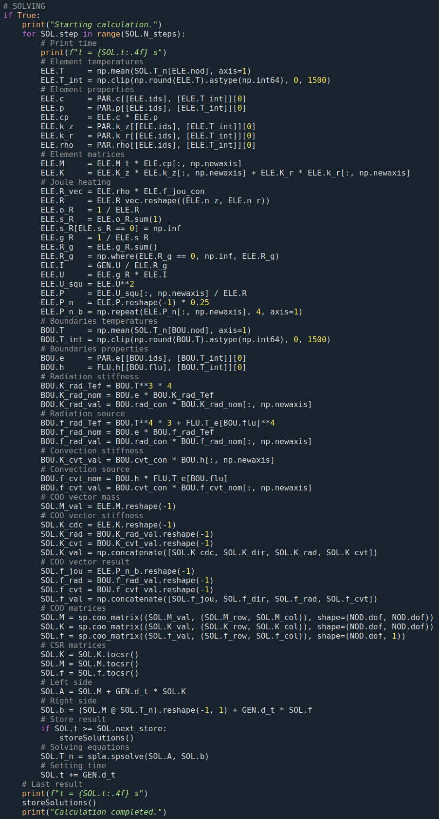 Python-Codeausschnitt der eigentlichen Solver-Routine eines selbstgeschriebenen Programms zur thermischen FEM-Analyse. Freiberufliche Entwicklungsdienstleistungen inklusive Programmierung von In-House entwickelten Tools in Salzburg und DACH-Region vor Ort und remote.